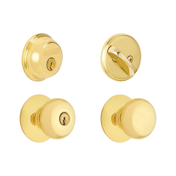Schlage Schlage Plymouth Bright Brass Deadbolt and Entry Door Knob 1-3/4 in. FB50NVPLY505 - main
